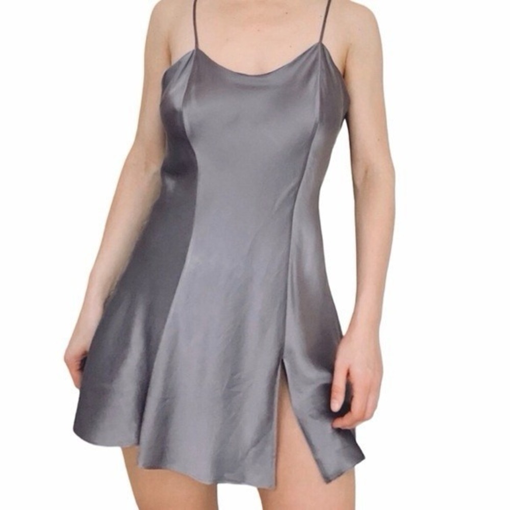 VICTORIA'S SECRET 100% SILK Slip Mini Dress Slit‎ MEDIUM VINTAGE Gray Platinum